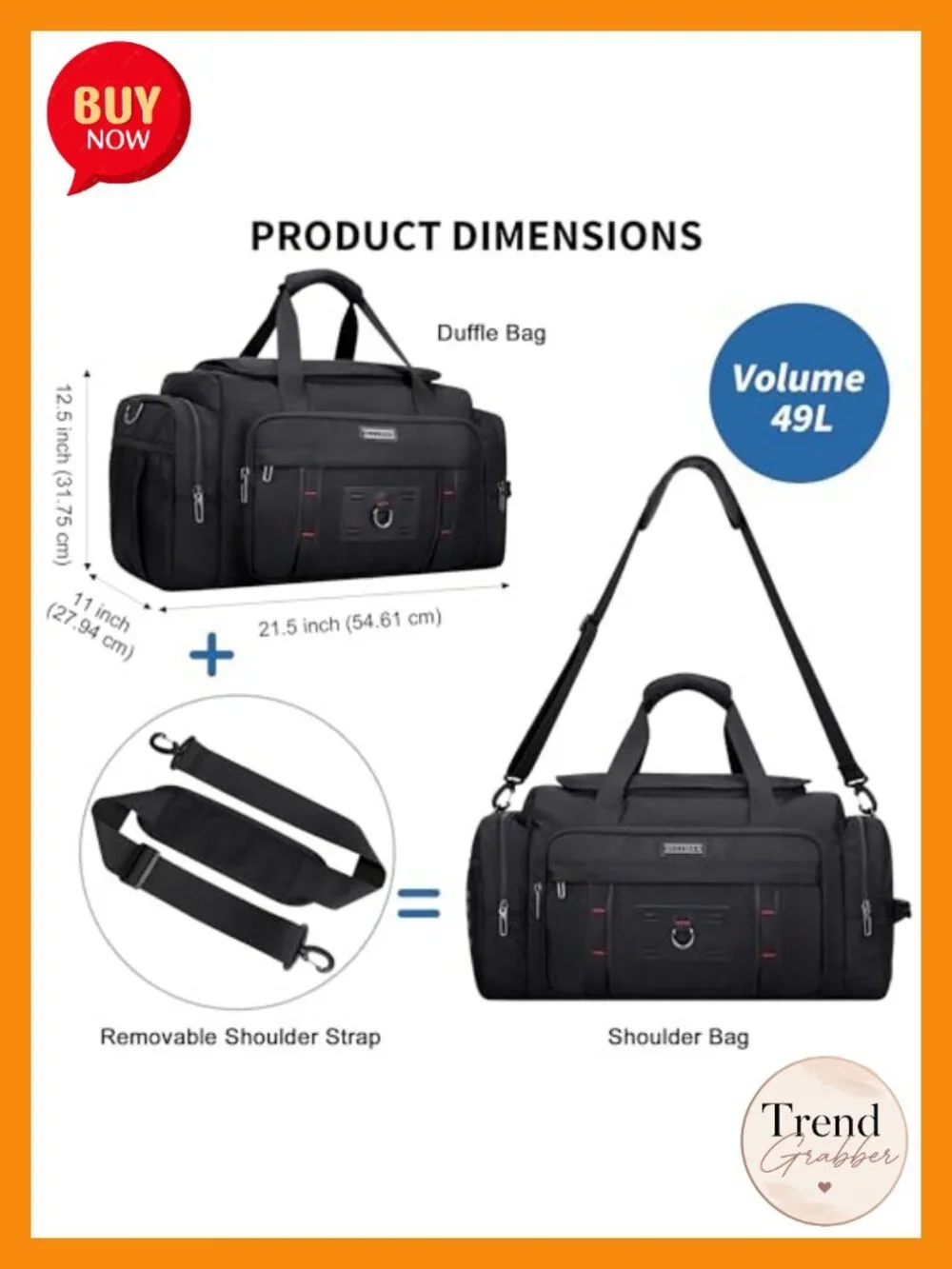 Large 49L Convertible Nylon Travel Duffle Bag with Shoe Compartment and Laptop